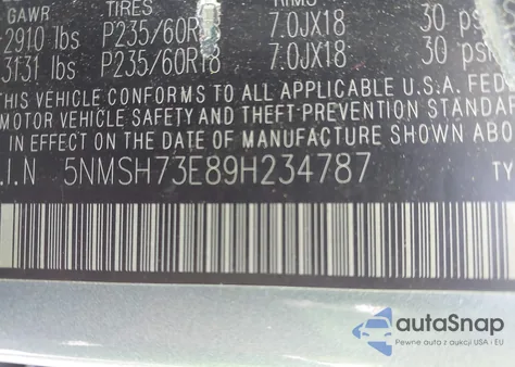 2009 Hyundai Santa Fe Se z USA, uszkodzony, nr VIN 5NMSH73E89H234787